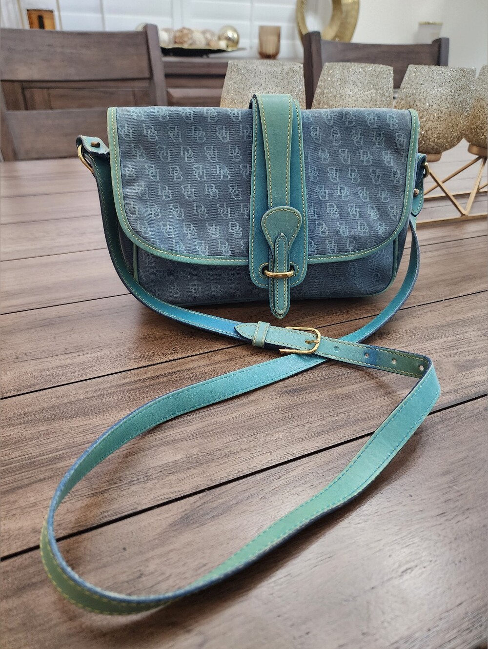 Vintage Dooney & Bourke Blue Crossbody Saddle Denim & Leather Trim